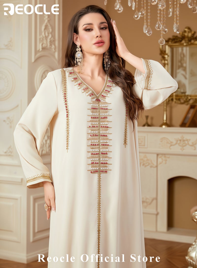 REOCLE Women's Elegant Embroidered Kaftan Dress Luxury Maxi Abaya Flowing Moroccan Robe Modest Evening Dress for Special Occasions - Image 5
