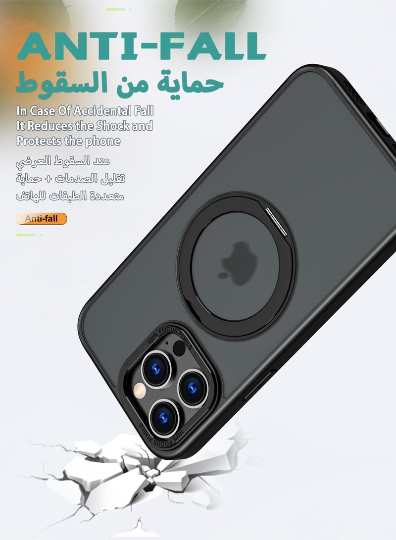 عش زي غطاء آيفون 14 برو ماكس غير لامع - ملمس ناعم - مغناطيس MagSafe مدمج - حلقة دوارة 360 درجة - غطاء واقٍ من السقوط مع حواف مرتفعة قليلاً - أسود - عبوة وحدة واحدة - Image 3