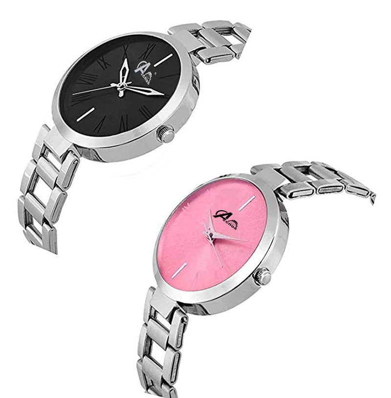 Acnos® Premium Black and Pink Dial Steel Strap Analogue Watches Combo for Girl's and Women's Pack of - 2(JL-Black-Pink DIAL) - Image 2