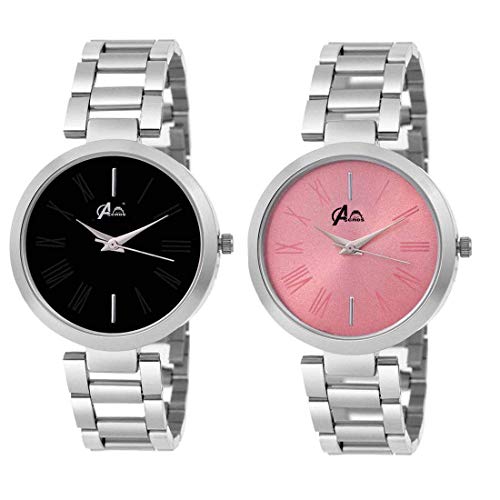 Acnos® Premium Black and Pink Dial Steel Strap Analogue Watches Combo for Girl's and Women's Pack of - 2(JL-Black-Pink DIAL) - Image 1