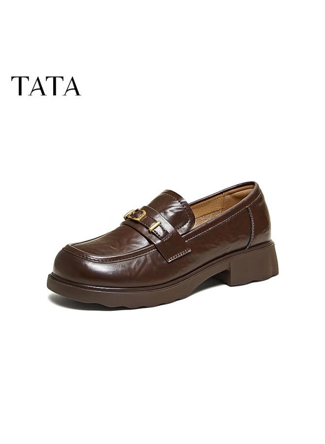Tata Little Gold Brick Loafers Casual Versatile British Style Women's Leather Shoes Brown Size 38 - Image 4