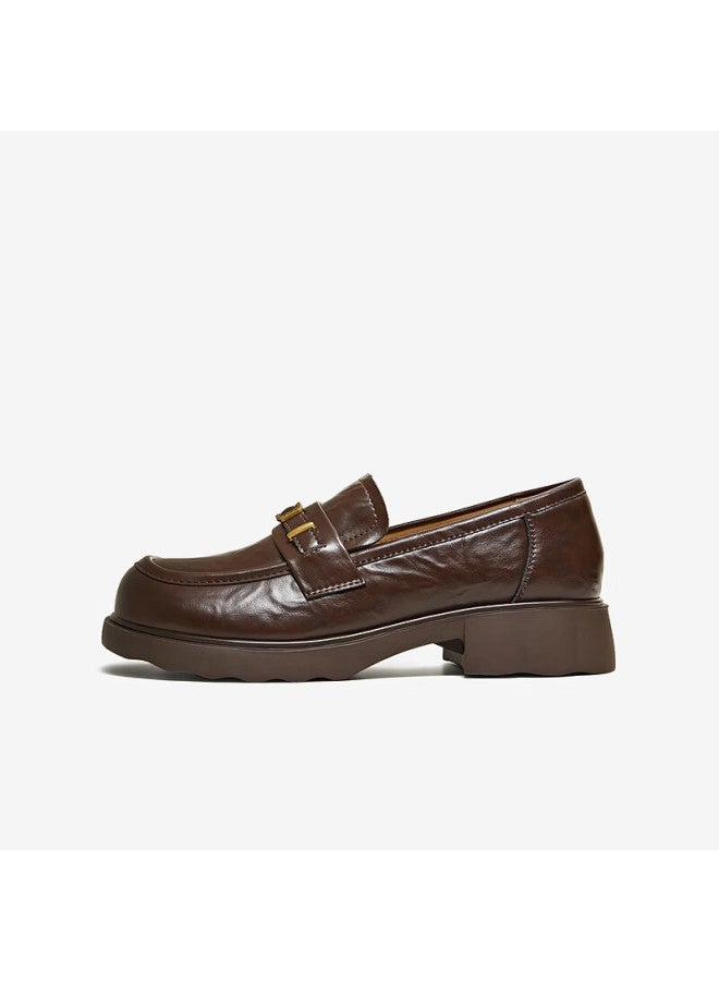 Tata Little Gold Brick Loafers Casual Versatile British Style Women's Leather Shoes Brown Size 38 - Image 5