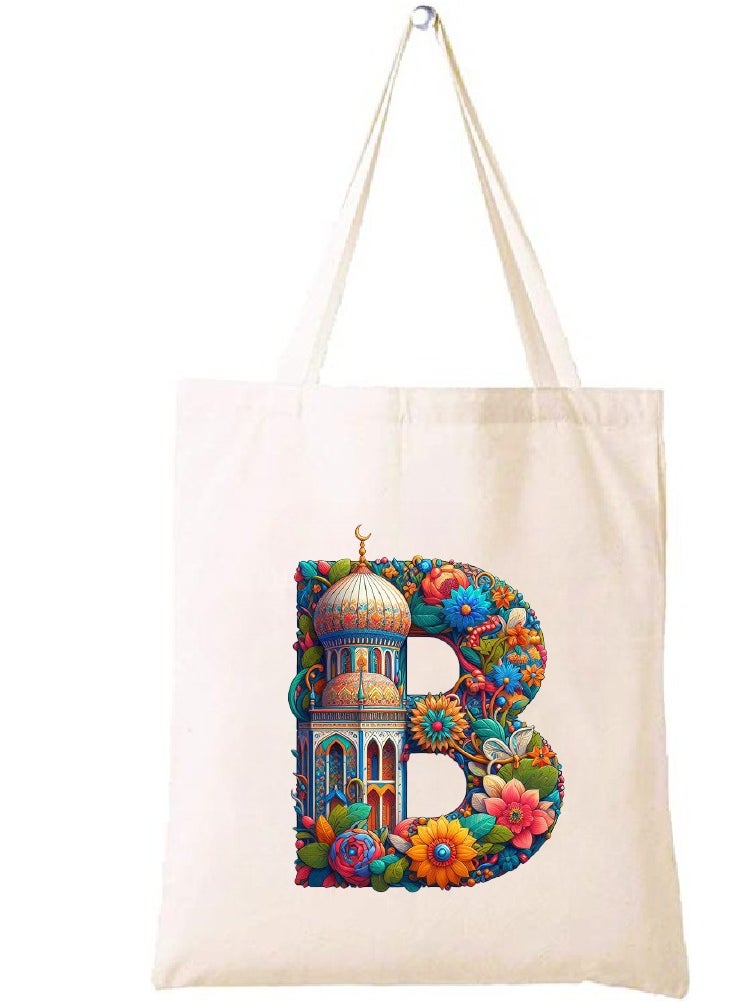 PRINTSHOP4ME Initial Monogram Tote Bag - Cotton Tote with Initial Design Printed - Perfect for School, Travel and Birthday Gift - Eco-Friendly Canvas Cotton Tote Bag for Women - Gift for Ramadan  - Image 1