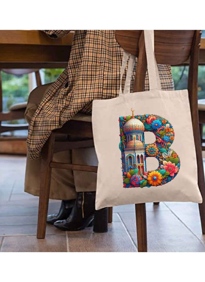 PRINTSHOP4ME Initial Monogram Tote Bag - Cotton Tote with Initial Design Printed - Perfect for School, Travel and Birthday Gift - Eco-Friendly Canvas Cotton Tote Bag for Women - Gift for Ramadan  - Image 3