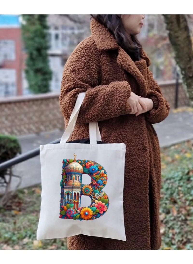 PRINTSHOP4ME Initial Monogram Tote Bag - Cotton Tote with Initial Design Printed - Perfect for School, Travel and Birthday Gift - Eco-Friendly Canvas Cotton Tote Bag for Women - Gift for Ramadan  - Image 5