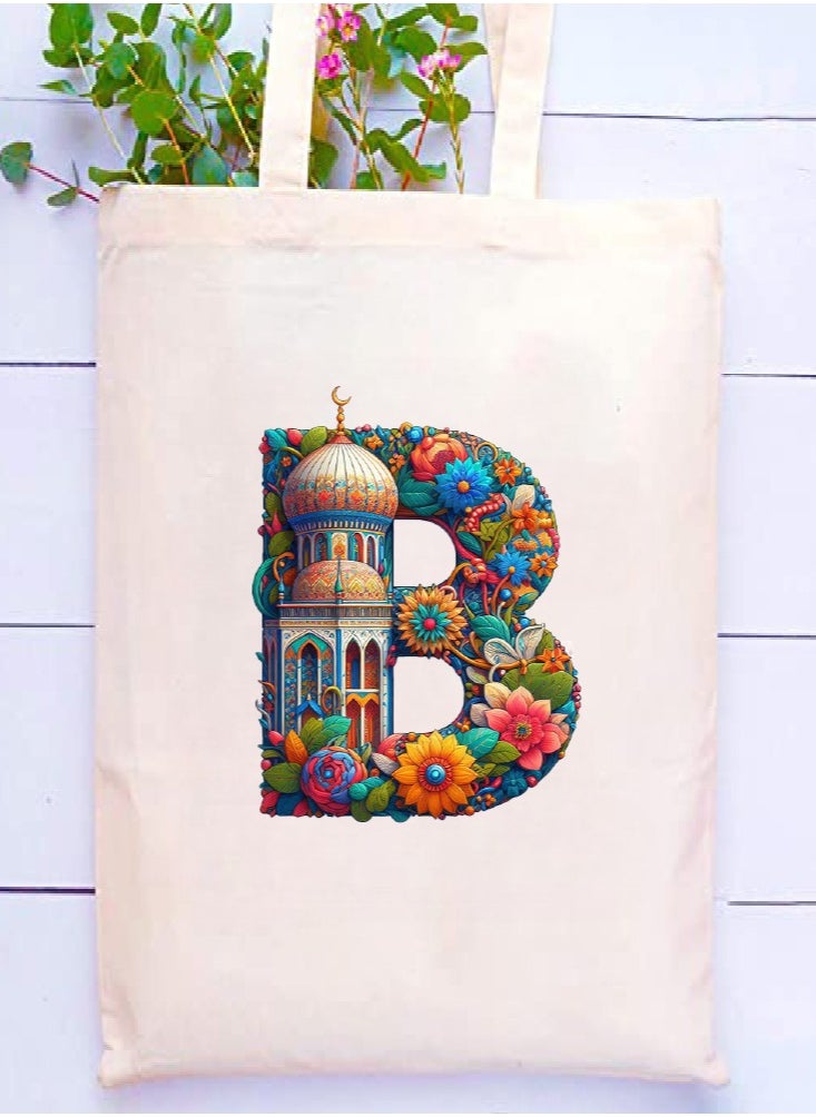 PRINTSHOP4ME Initial Monogram Tote Bag - Cotton Tote with Initial Design Printed - Perfect for School, Travel and Birthday Gift - Eco-Friendly Canvas Cotton Tote Bag for Women - Gift for Ramadan  - Image 2