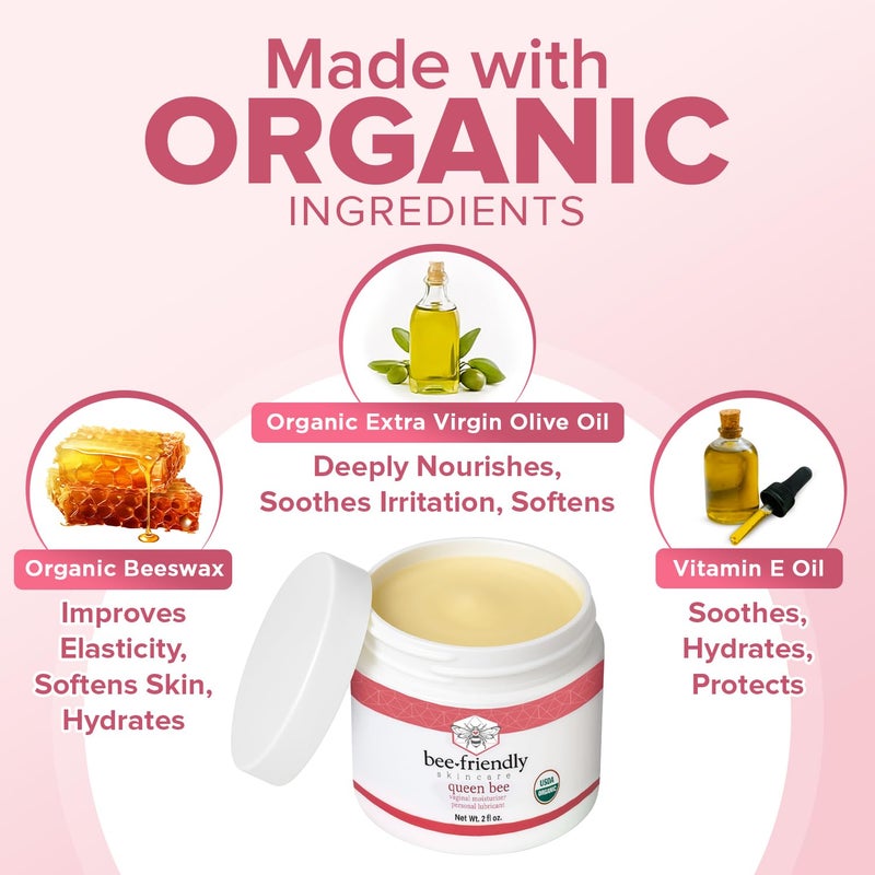 BeeFriendly مرطب مهبلي عضوي، معتمد من وزارة الزراعة الأمريكية، كريم طبيعي للشفرتين للجفاف، الحكة، التهيج، الاحمرار، والتشقق في المهبل بسبب انقطاع الطمث وت thinning 2 أونصة - Image 4