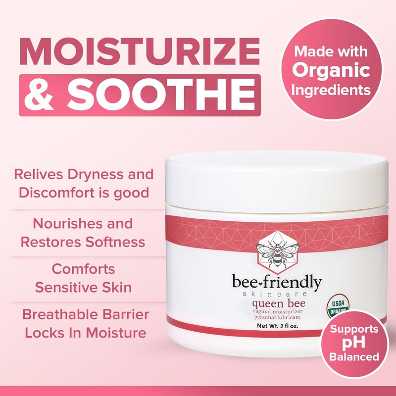BeeFriendly مرطب مهبلي عضوي، معتمد من وزارة الزراعة الأمريكية، كريم طبيعي للشفرتين للجفاف، الحكة، التهيج، الاحمرار، والتشقق في المهبل بسبب انقطاع الطمث وت thinning 2 أونصة - Image 3