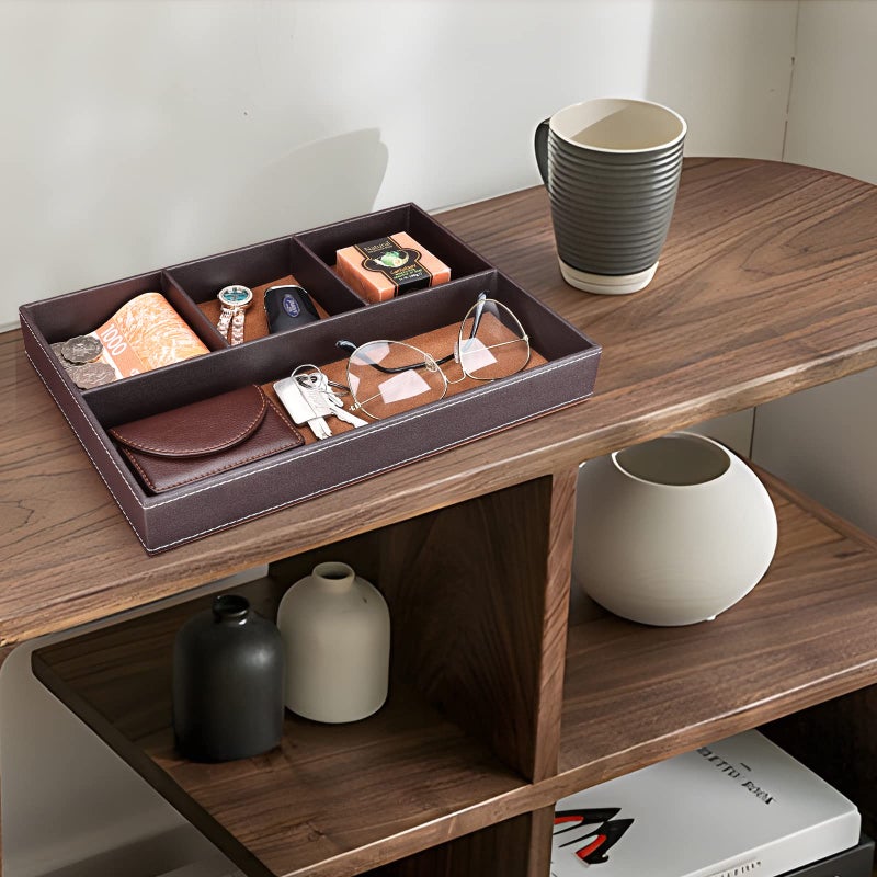 GORESE 2 Pieces Faux Leather Valet Tray for Men, Stackable Jewelry Trays for Drawers, Mens Dresser Top Organizer for Key, Wallet, Sunglass, Watch, Coin, Phone, Nightstand Bedside Tray Brown - Image 5