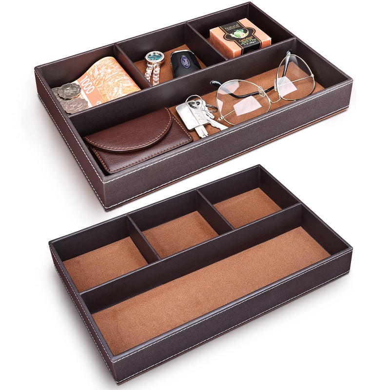 GORESE 2 Pieces Faux Leather Valet Tray for Men, Stackable Jewelry Trays for Drawers, Mens Dresser Top Organizer for Key, Wallet, Sunglass, Watch, Coin, Phone, Nightstand Bedside Tray Brown - Image 1