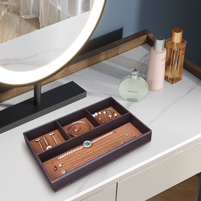 GORESE 2 Pieces Faux Leather Valet Tray for Men, Stackable Jewelry Trays for Drawers, Mens Dresser Top Organizer for Key, Wallet, Sunglass, Watch, Coin, Phone, Nightstand Bedside Tray Brown - Image 2