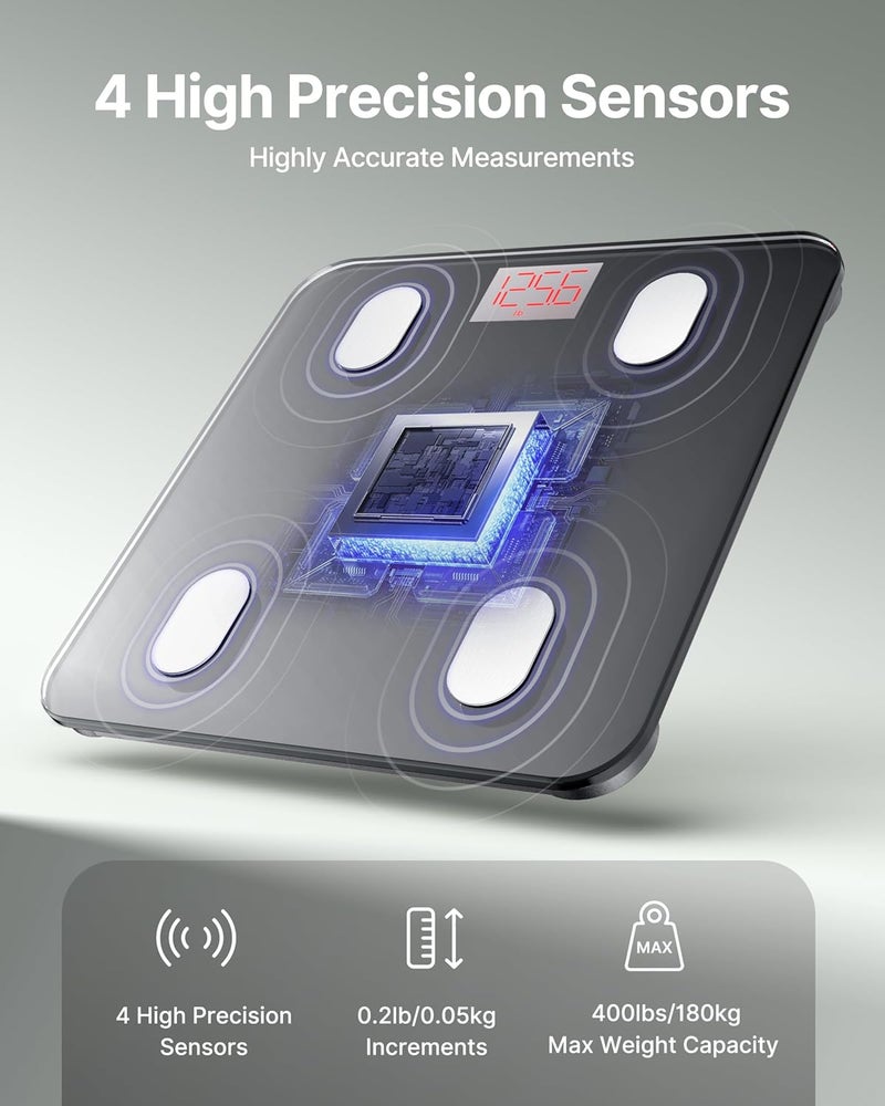 فيتينديكس **FITINDEX Smart Scale لقياس الوزن، ميزان رقمي للحمام لقياس نسبة الدهون في الجسم ومؤشر كتلة الجسم (BMI) والعضلات** نسخة أخرى من المنتج، بتصميم أسود ومواصفات مماثلة للنسخ السابقة. - Image 2