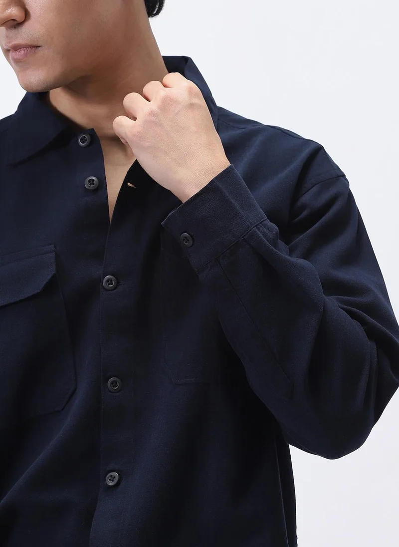 Urbano Fashion  Urbano Fashion Men's Navy Cotton Full Sleeve Relaxed Fit Shacket with Utility Pockets for Men | Best Price UAE
