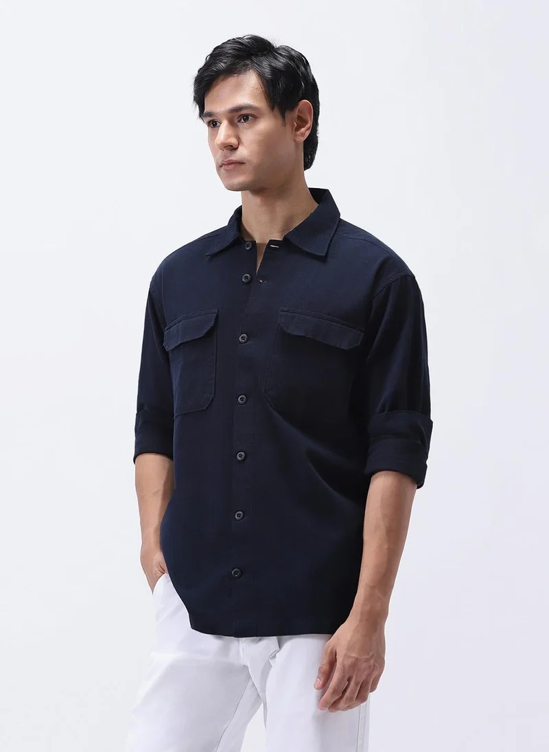 Urbano Fashion Men's Navy Cotton Full Sleeve Relaxed Fit Shacket with Utility Pockets