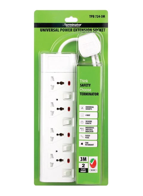 Terminator 4 way 3 meter universal power extension socket - TPB 724-3M