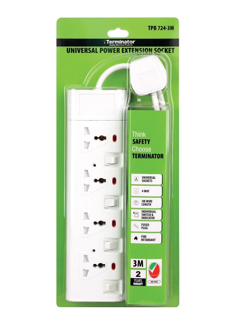 Terminator Terminator 4 way 3 meter universal power extension socket - TPB 724-3M  - Image 1