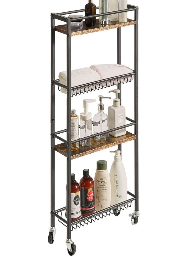 YMYNY Slim Kitchen Storage Rolling Cart, 4-Tier Utility Cart on Wheels, for Narrow Spaces, Laundry Room, Dining Room, Bathroom, 32.7" H Shelving Unit with Mesh Baskets, Rustic Brown UHBR002H - Image 4