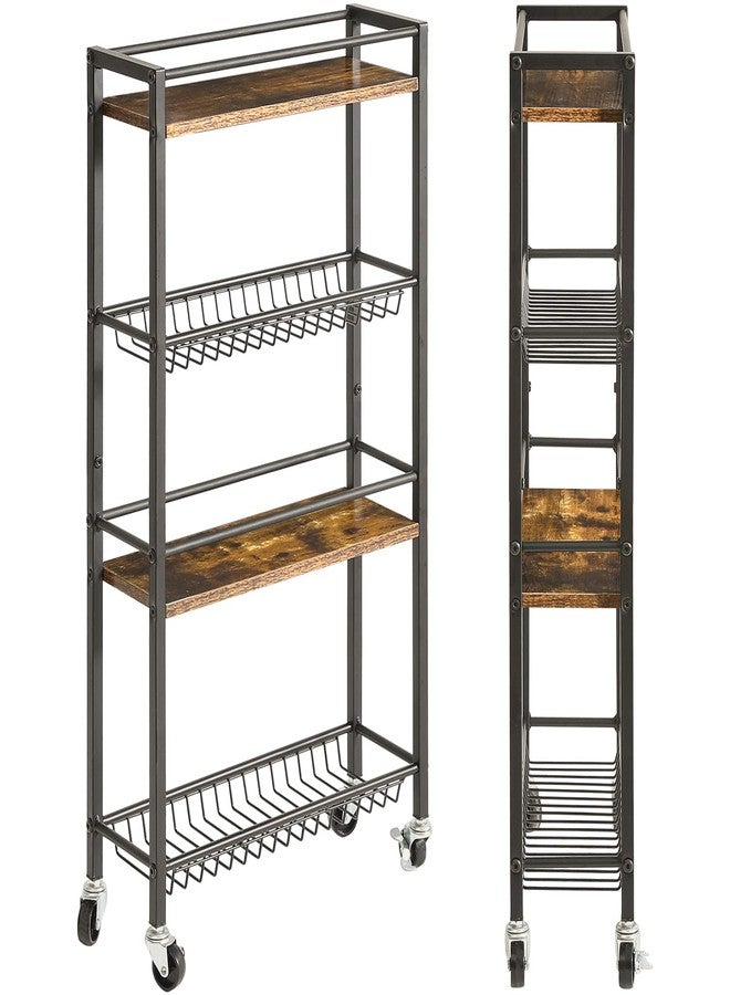YMYNY Slim Kitchen Storage Rolling Cart, 4-Tier Utility Cart on Wheels, for Narrow Spaces, Laundry Room, Dining Room, Bathroom, 32.7" H Shelving Unit with Mesh Baskets, Rustic Brown UHBR002H - Image 1
