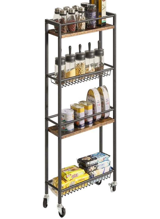 YMYNY Slim Kitchen Storage Rolling Cart, 4-Tier Utility Cart on Wheels, for Narrow Spaces, Laundry Room, Dining Room, Bathroom, 32.7" H Shelving Unit with Mesh Baskets, Rustic Brown UHBR002H - Image 2
