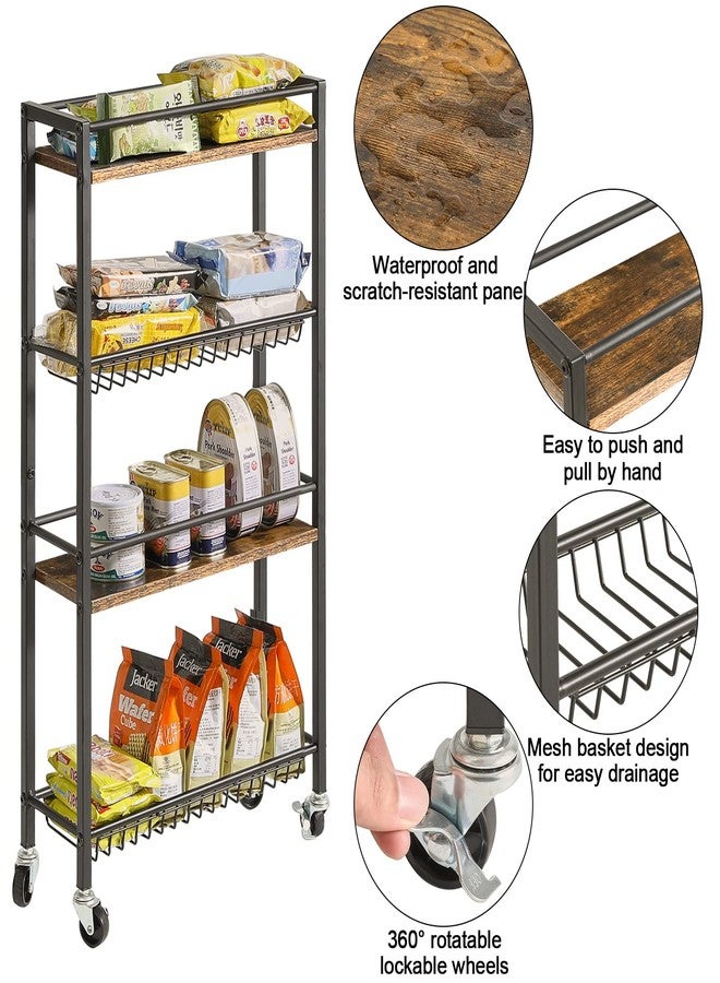 YMYNY Slim Kitchen Storage Rolling Cart, 4-Tier Utility Cart on Wheels, for Narrow Spaces, Laundry Room, Dining Room, Bathroom, 32.7" H Shelving Unit with Mesh Baskets, Rustic Brown UHBR002H - Image 5