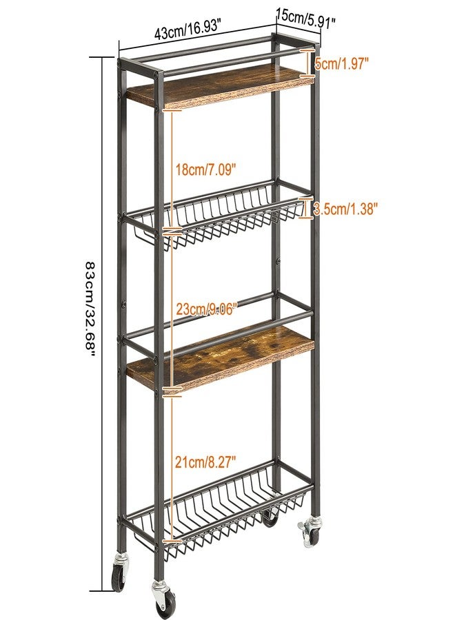 YMYNY Slim Kitchen Storage Rolling Cart, 4-Tier Utility Cart on Wheels, for Narrow Spaces, Laundry Room, Dining Room, Bathroom, 32.7" H Shelving Unit with Mesh Baskets, Rustic Brown UHBR002H - Image 3