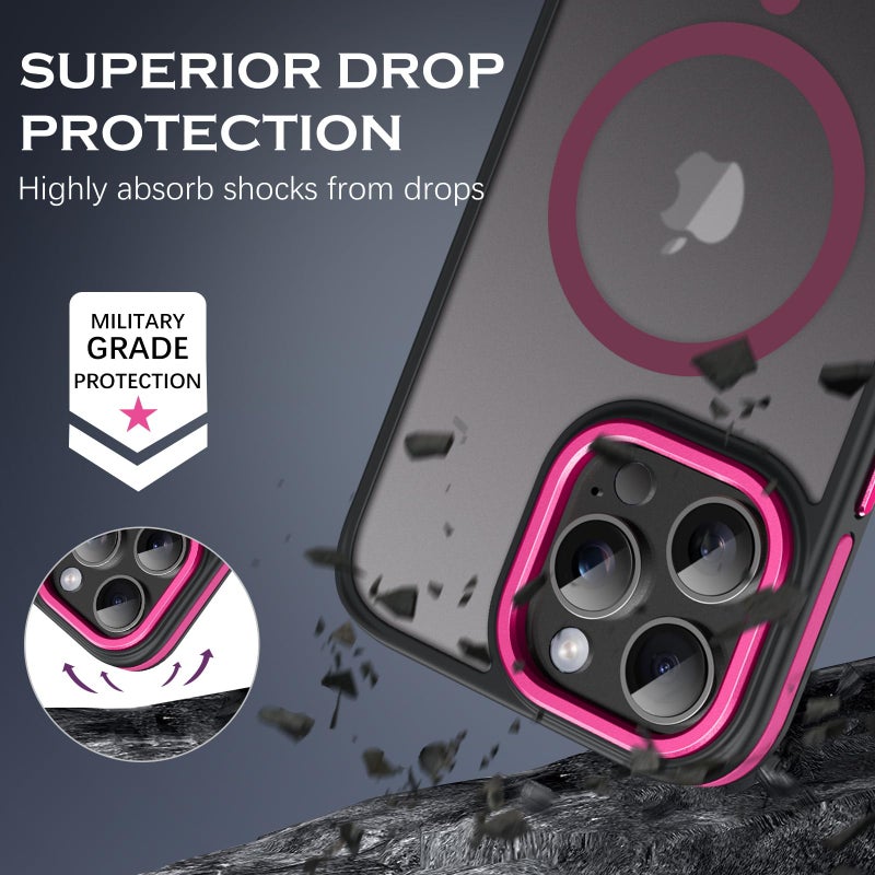 YINLAI Case for iPhone 16 Pro Max, Magnetic Case [Compatible with Magsafe] Supports Wireless Charging Slim Translucent Matte Women Men Shockproof Protective Back Phone Cover 6.9 Inch,Black/Hot Pink - Image 5