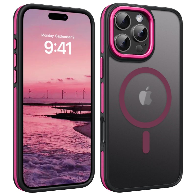 YINLAI Case for iPhone 16 Pro Max, Magnetic Case [Compatible with Magsafe] Supports Wireless Charging Slim Translucent Matte Women Men Shockproof Protective Back Phone Cover 6.9 Inch,Black/Hot Pink - Image 1