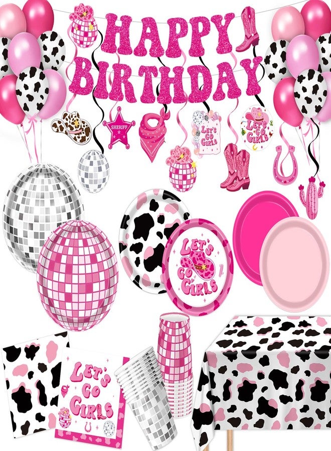 LINHAXM 131 PCS Cowgirl Birthday Party Decorations Disco Cowgirl Party Decorations - Includes Plates, Napkins, Cups, Banner, Hanging Swirl, Tablecloth, Balloon for Western Cowgirl Party Decorations, Serve 24 - Image 1