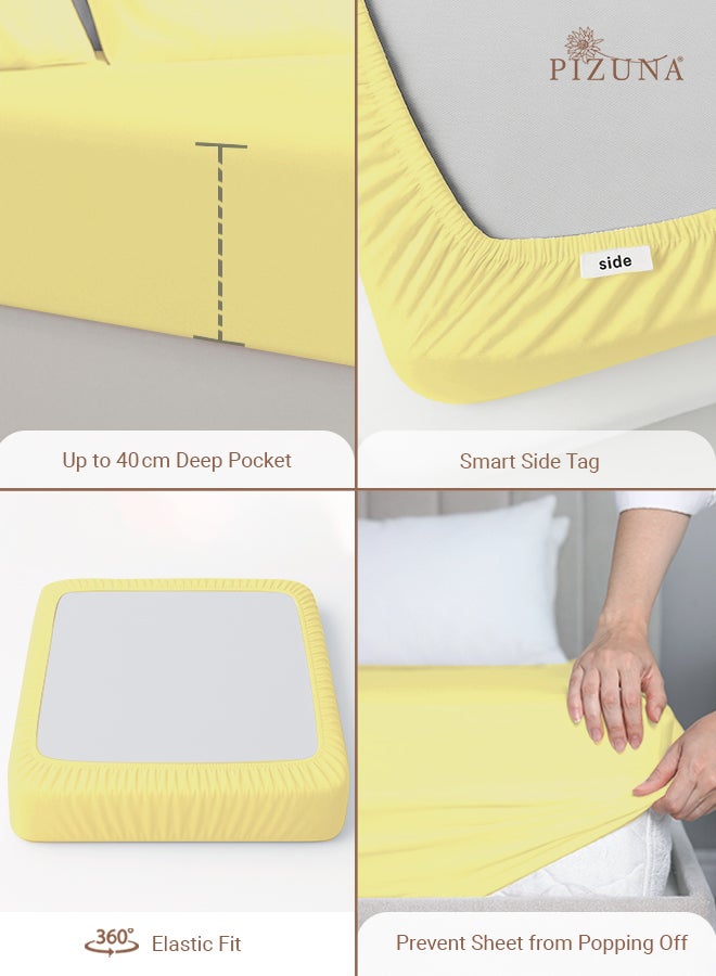 Pizuna Pure Combed Cotton Fitted Bedsheet King Size 180x200 cm Mellow Yellow, 400 Thread Count Cool Luxury Soft 100% Long Staple Cotton Sateen Weave, 40cm Deep Pocket Sheet (Fitted Sheet -1PC) - Image 4
