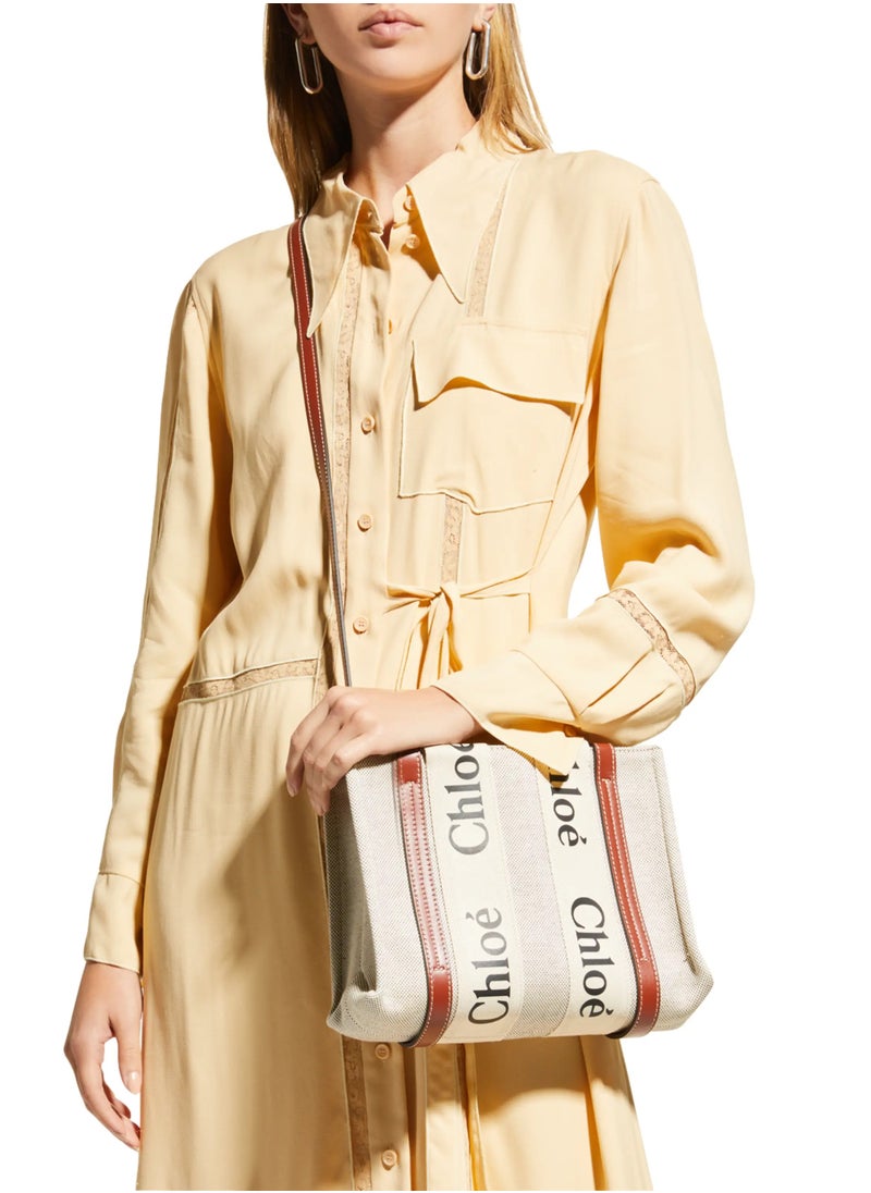 Chloe - Chloe Woody Small Women Tote Bag in Linen, Women Shoulder Bag, Women Hand Bag, Women's Travel Bag, Women's Shopping Bag, White-Brown - Image 1