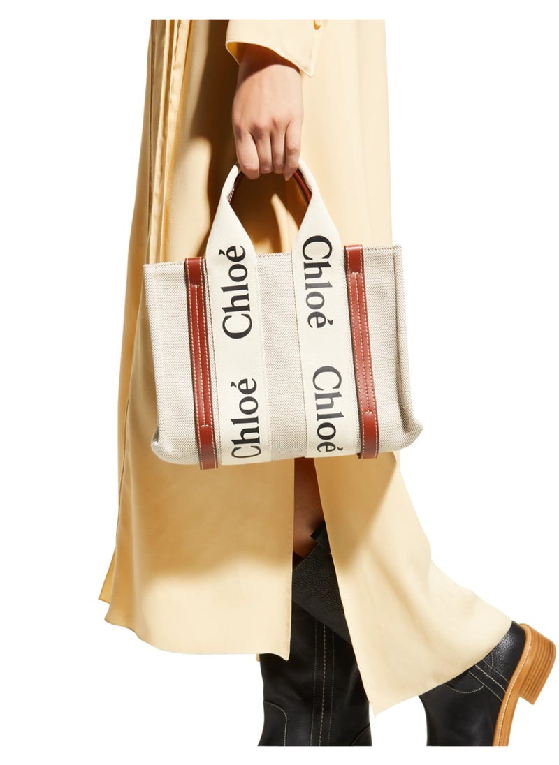 Chloe - Chloe Woody Small Women Tote Bag in Linen, Women Shoulder Bag, Women Hand Bag, Women's Travel Bag, Women's Shopping Bag, White-Brown - Image 1