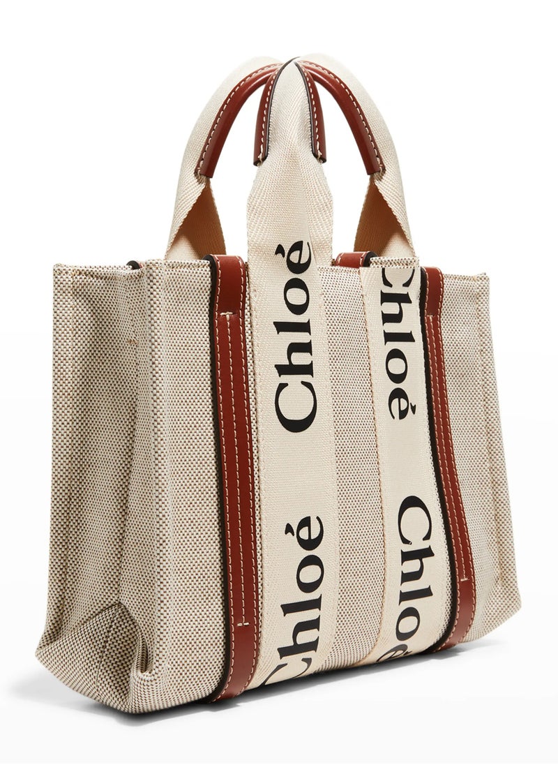 Chloe - Chloe Woody Small Women Tote Bag in Linen, Women Shoulder Bag, Women Hand Bag, Women's Travel Bag, Women's Shopping Bag, White-Brown - Image 1