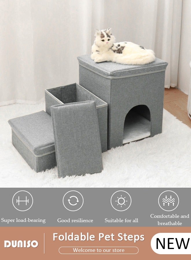 DUNISO خطوات قابلة للطي للحيوانات الأليفة 3 خطوات، سلالم كلاب ناعمة من الفلانيل 2 في 1 مع تخزين، خطوات قطط غير قابلة للانزلاق مع إسفنجة عالية المرونة وقابلة للتنفس لتسلق الجراء والقطط السرير العالي والأريكة - Image 1