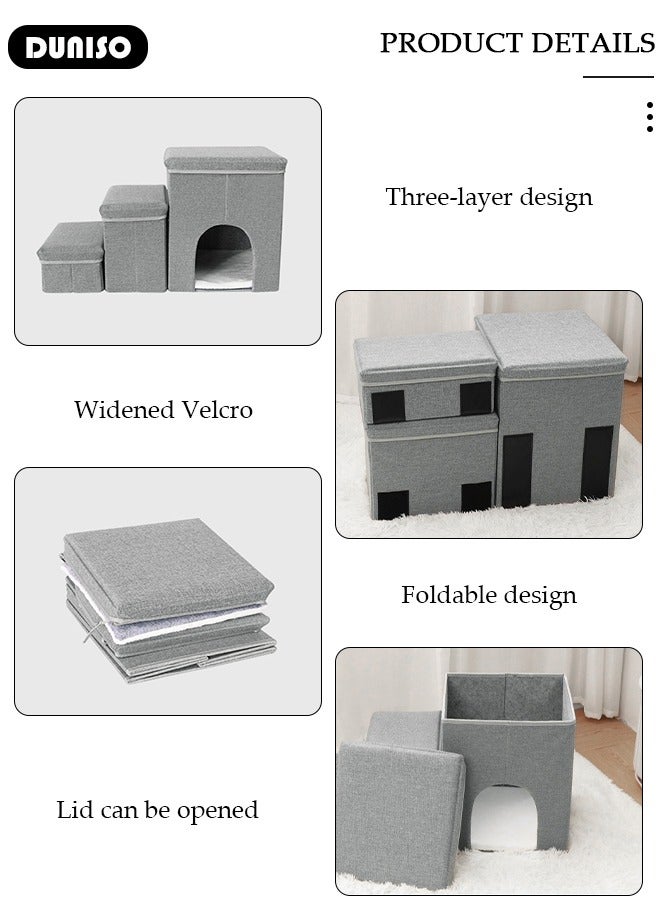 DUNISO خطوات قابلة للطي للحيوانات الأليفة 3 خطوات، سلالم كلاب ناعمة من الفلانيل 2 في 1 مع تخزين، خطوات قطط غير قابلة للانزلاق مع إسفنجة عالية المرونة وقابلة للتنفس لتسلق الجراء والقطط السرير العالي والأريكة - Image 2