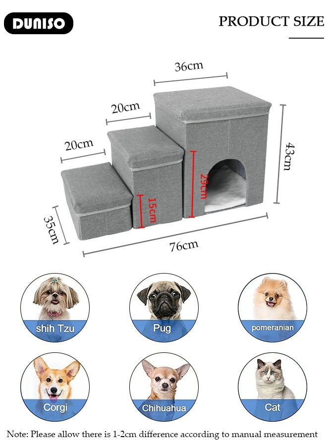 DUNISO خطوات قابلة للطي للحيوانات الأليفة 3 خطوات، سلالم كلاب ناعمة من الفلانيل 2 في 1 مع تخزين، خطوات قطط غير قابلة للانزلاق مع إسفنجة عالية المرونة وقابلة للتنفس لتسلق الجراء والقطط السرير العالي والأريكة - Image 3