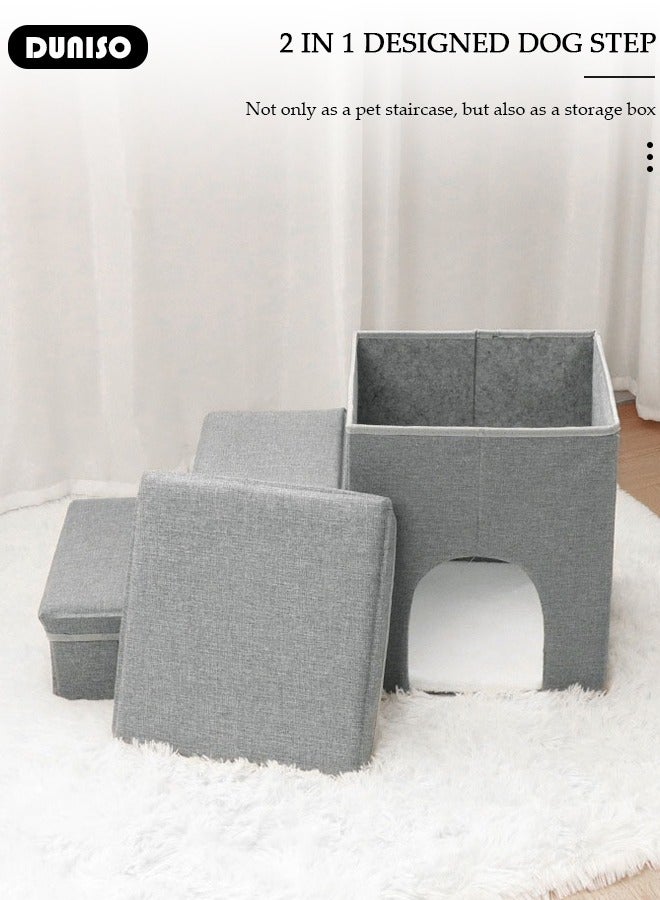 DUNISO خطوات قابلة للطي للحيوانات الأليفة 3 خطوات، سلالم كلاب ناعمة من الفلانيل 2 في 1 مع تخزين، خطوات قطط غير قابلة للانزلاق مع إسفنجة عالية المرونة وقابلة للتنفس لتسلق الجراء والقطط السرير العالي والأريكة - Image 4