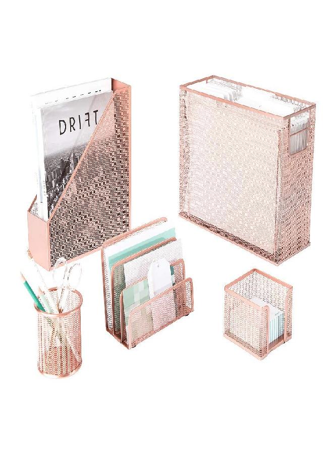 BLU MONACO Rose Gold Desk Organizer Set | 5-Piece Metal Desktop Organization Kit With File Holder, Magazine Rack, Pen Cup, Sticky Note Holder and Letter Sorter | Stylish Office Accessories