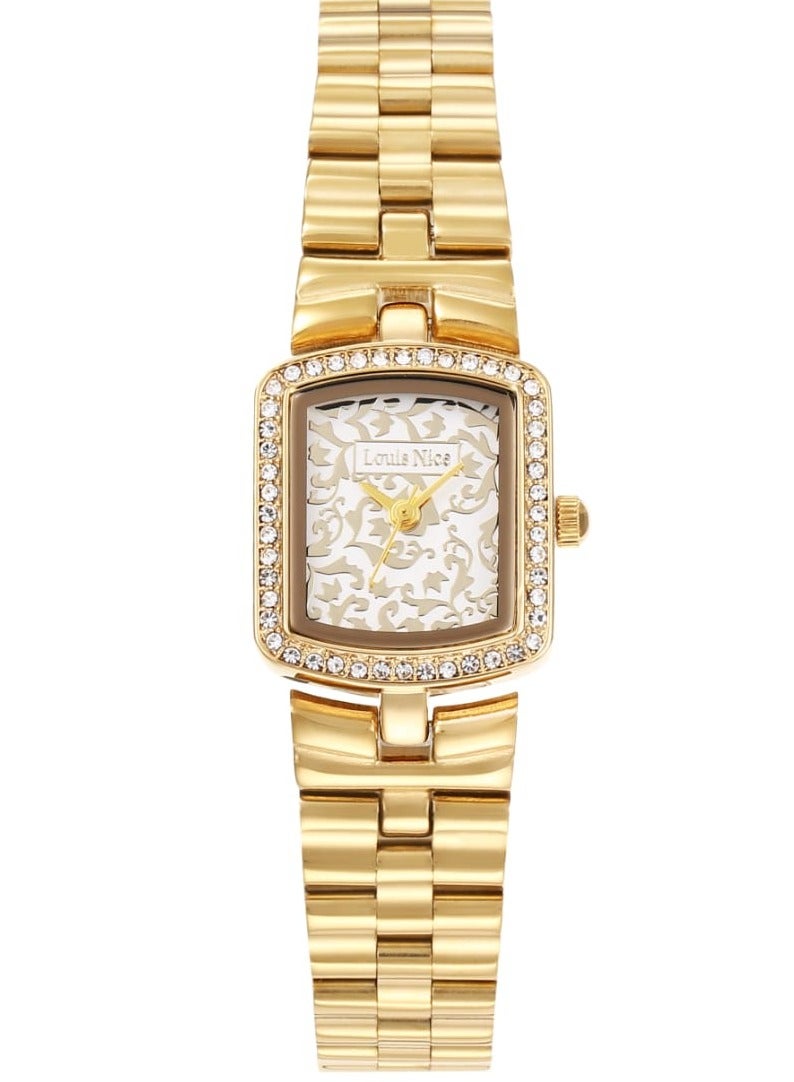 A stylish and attractive women's wristwatch with a square frame adorned with a row of sparkling zircon stones.