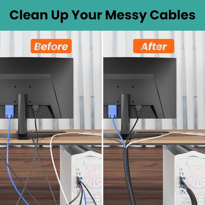 CableGeeker Cable Management Sleeves, PET Expandable Cord Organizer, Flame Retardant Braided Sleeving, Cut-to-Fit Wire Cover for TV, PC & Office Wires (10FT) - Image 4