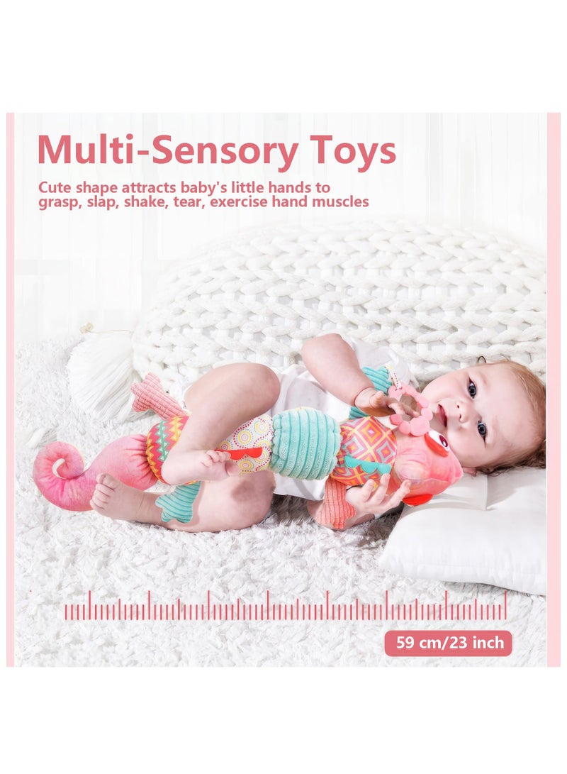 KASTWAVE Baby Musical Stuffed Animal Toy with Soft Sensory Rattles and Crinkle Newborn Plush Tummy Time Toys 6+ Months Old Baby Girl Gift, Pink Chameleon - Image 3