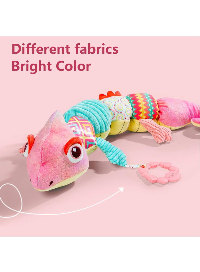 KASTWAVE Baby Musical Stuffed Animal Toy with Soft Sensory Rattles and Crinkle Newborn Plush Tummy Time Toys 6+ Months Old Baby Girl Gift, Pink Chameleon - Image 5