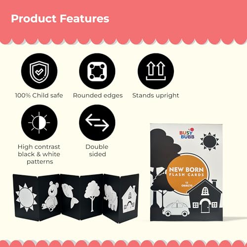 Busy Bubb - High Contrast New Born Flash Cards for Kids | 12 Objects for Visual Stimulation, Cognitive & Sensory Development of 0-6 Month Old Infants | Self Standing Cards for Enjoyable Tummy Time - Image 2