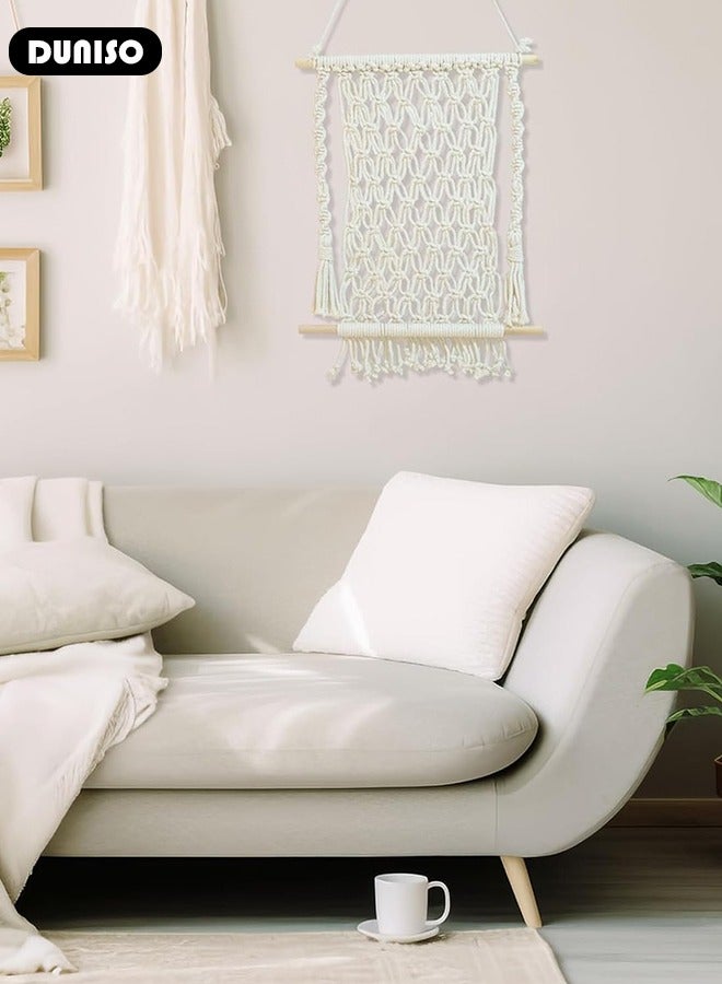 DUNISO Macrame Wall Hanging, Hand Woven Boho Tapestry, Woven Hanging Tapestry with Tassels, Multifunctional Hanging Organizer, Wall Hanging Magazine Holder, Plant Hanger Stand for Bedroom Living Room Apartment Wedding Party  - Image 3