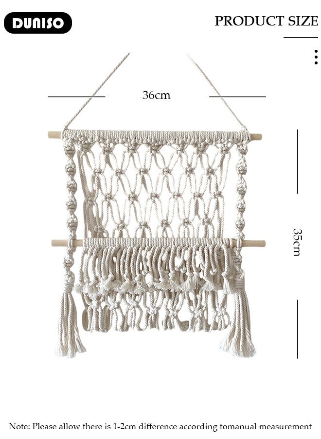 DUNISO Macrame Wall Hanging, Hand Woven Boho Tapestry, Woven Hanging Tapestry with Tassels, Multifunctional Hanging Organizer, Wall Hanging Magazine Holder, Plant Hanger Stand for Bedroom Living Room Apartment Wedding Party  - Image 4