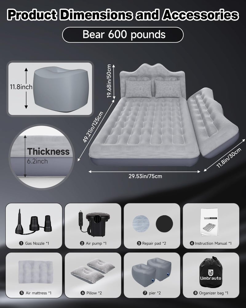 Umbrauto Car Air Mattress Bed: Inflatable SUV Camping Sleeping Pad for Truck Back Seat with Pump & Pillows, Blow Up Backseat Car Mattress for Van Rear Seat - Image 2