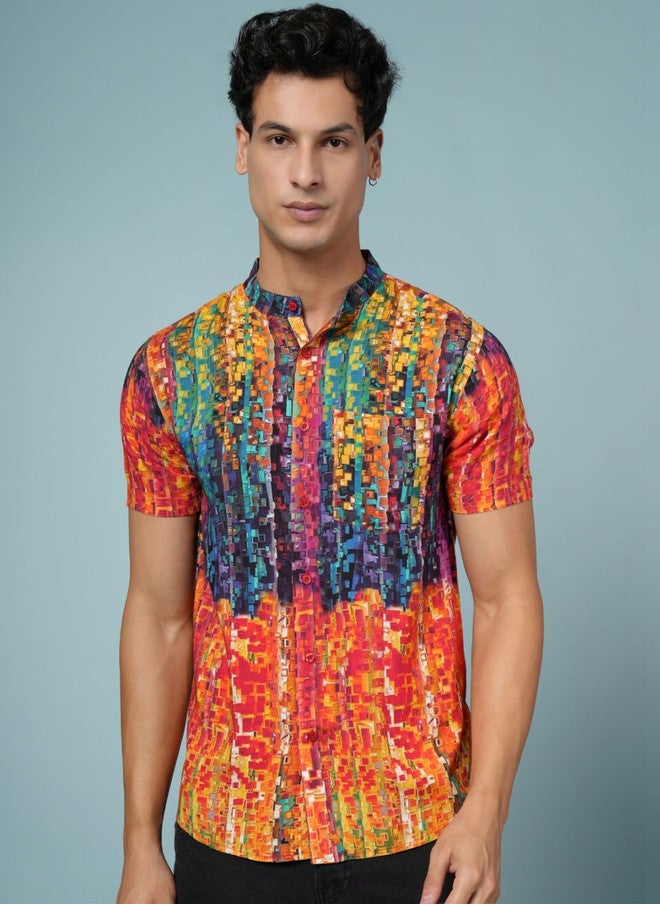 OUTLAWS Men's Multicoloured Abstract Printed Casual Shirt with Mandarin Collar - Image 1