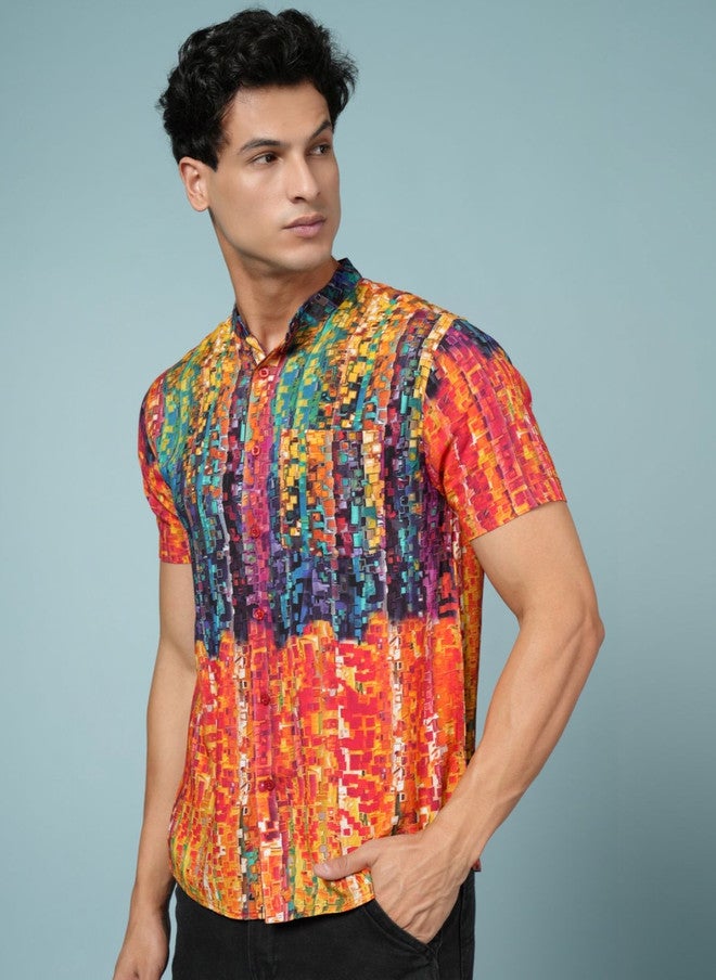 OUTLAWS Men's Multicoloured Abstract Printed Casual Shirt with Mandarin Collar - Image 3