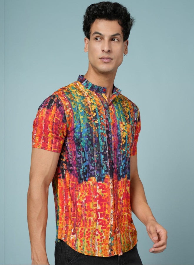 OUTLAWS Men's Multicoloured Abstract Printed Casual Shirt with Mandarin Collar - Image 2