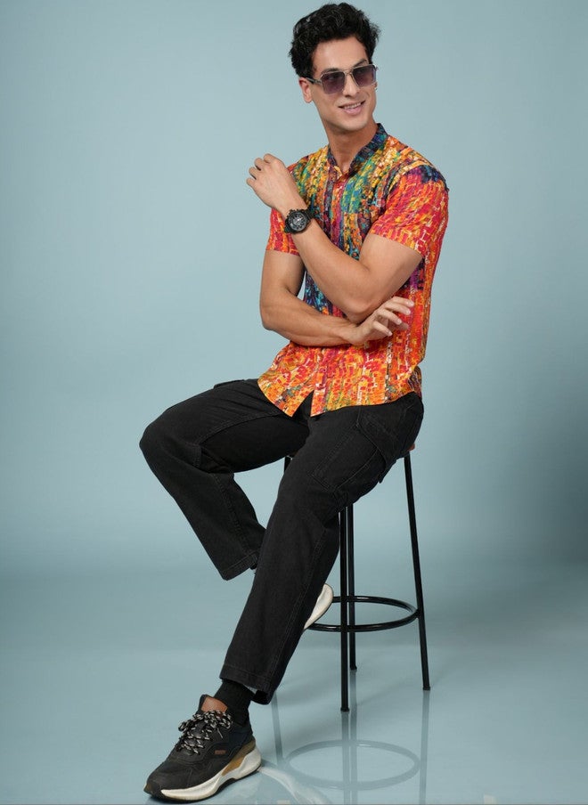 OUTLAWS Men's Multicoloured Abstract Printed Casual Shirt with Mandarin Collar - Image 4