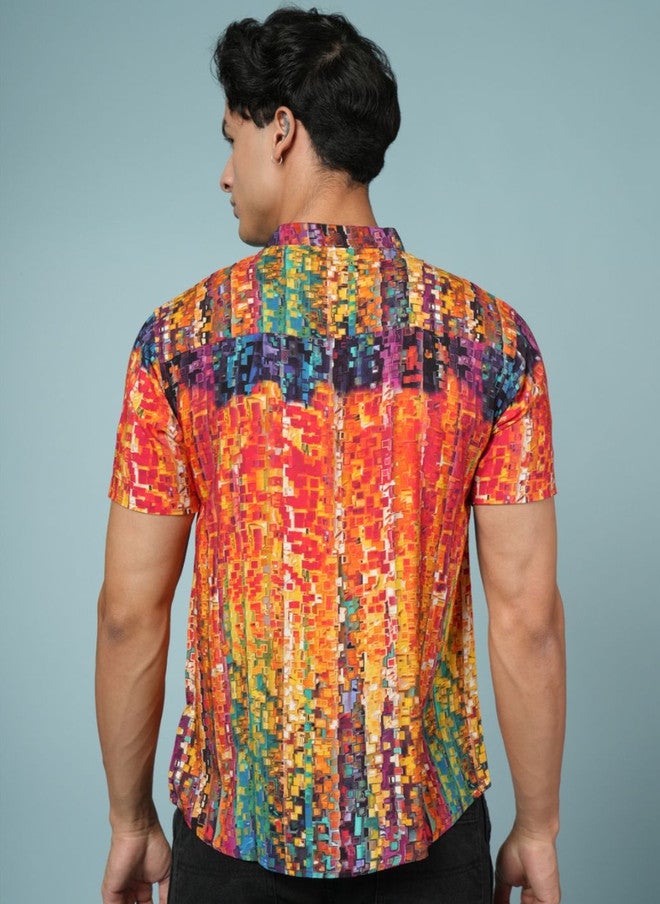 OUTLAWS Men's Multicoloured Abstract Printed Casual Shirt with Mandarin Collar - Image 5